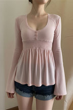 Casual Solid Deep V A Line Elastic Blouse