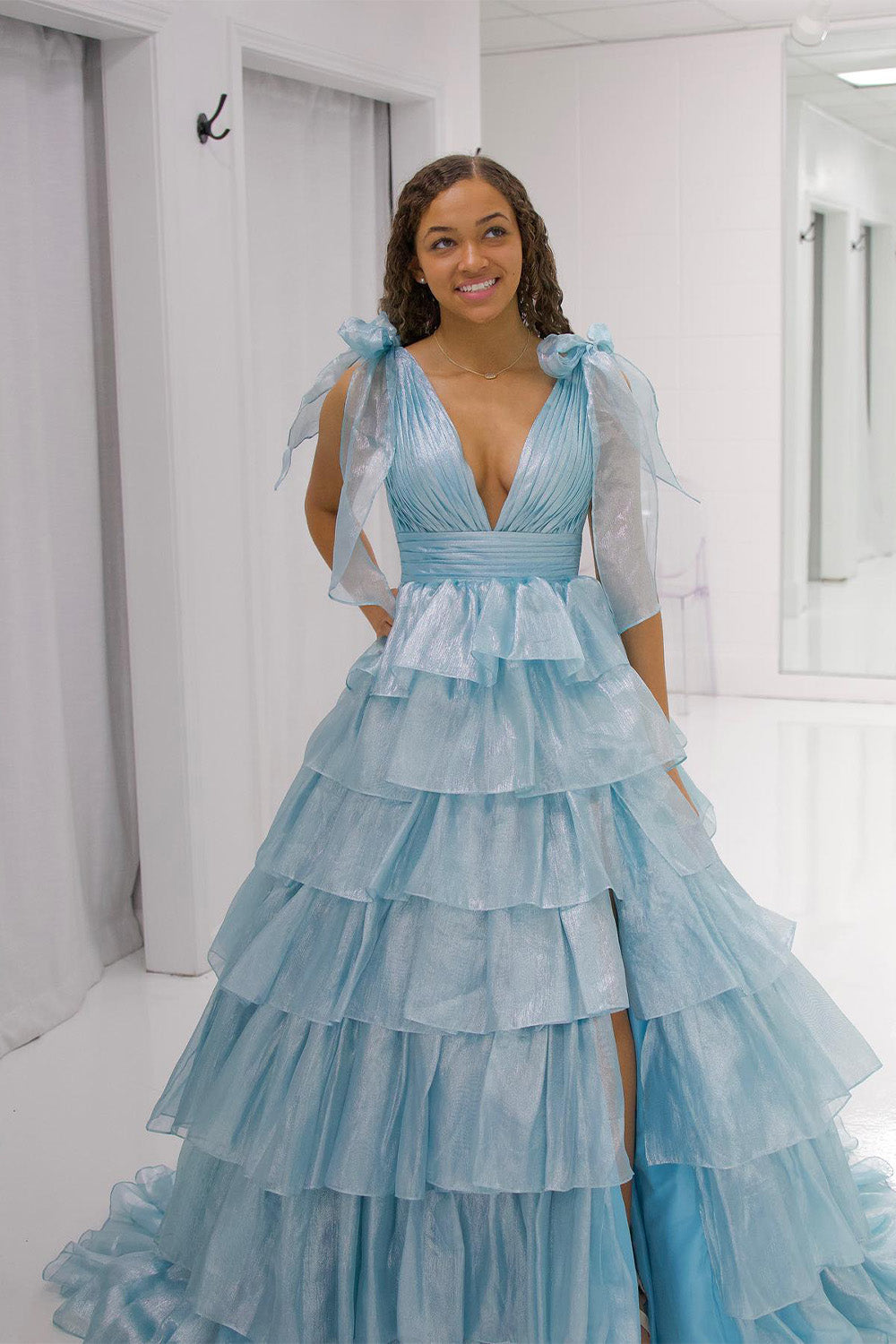Princess A Line Deep V Neck Long Prom Dress with Ruffles