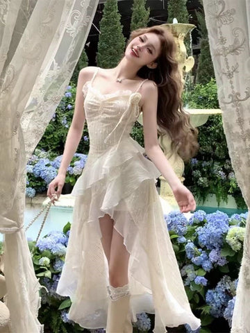 Vestido midi irregular con tirantes finos y volantes Y2K para mujer, novedad de verano, ajustado, estilo Fairycore, para fiesta de cumpleaños y graduación 