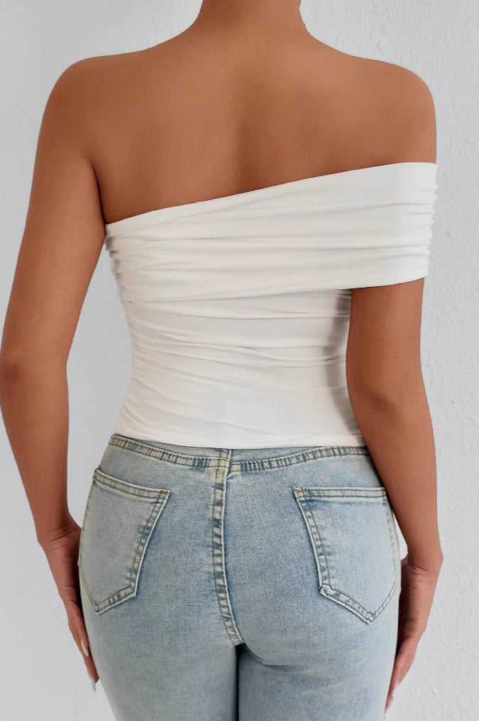 Solid One Shoulder Tube Fitted Blouse