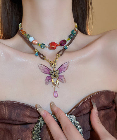 Collar vintage con colgante de mariposa de cristal de aleación de plata de ley morada 