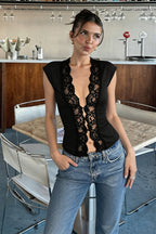 Lace Hollow Out Button Sleeveless Blouse