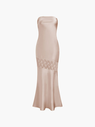 Vestido midi de tubo sin tirantes de encaje asimétrico 