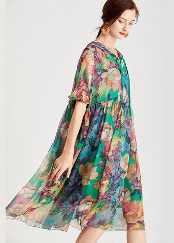 Vestido veraniego de gasa verde holgado con capucha y media manga para vacaciones 
