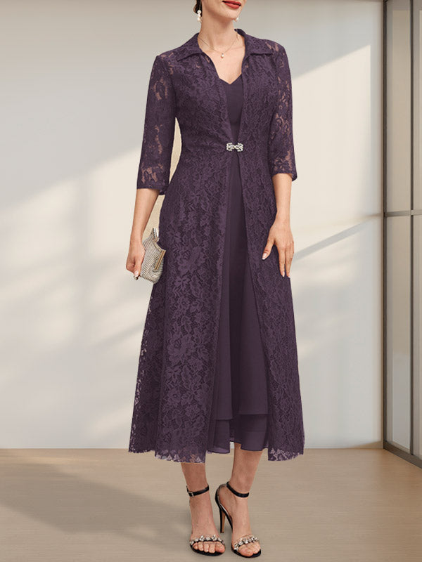 A-Linien-Chiffonkleid mit V-Ausschnitt und Teelänge für die Mutter der Braut