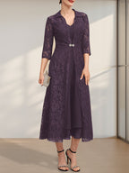 A-Linien-Chiffonkleid mit V-Ausschnitt und Teelänge für die Mutter der Braut
