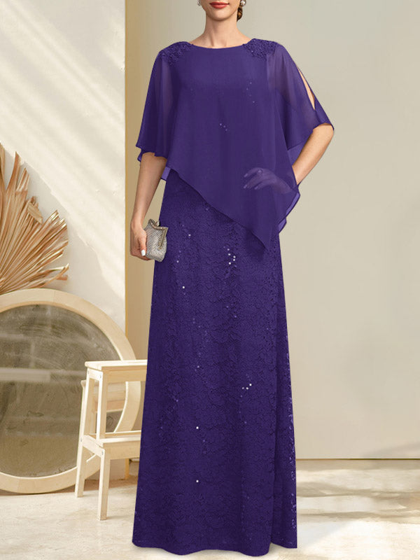 Vestido de madre de la novia de gasa con encaje, escote redondo y largo hasta el suelo, con lentejuelas y abalorios