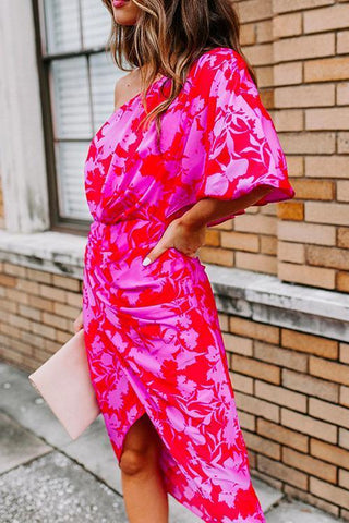 Meridress One Shoulder Waisted Ruched Floral Dress