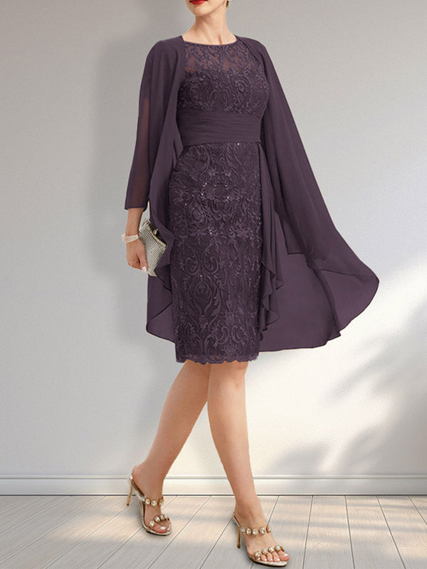 Etuikleid mit Rundhalsausschnitt, Illusion-Effekt, knielang, aus Chiffon mit Spitze, Rüschen und Pailletten – ideal für die Mutter der Braut