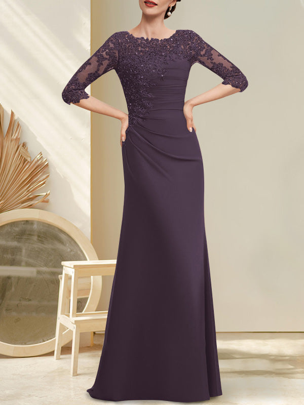 Vestido de gasa para madre de la novia, corte A, largo hasta el suelo, con encaje, cuentas y lentejuelas plisadas
