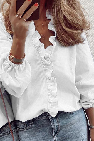 Meridress Scallop Deep V Neck Long Sleeve Shirt