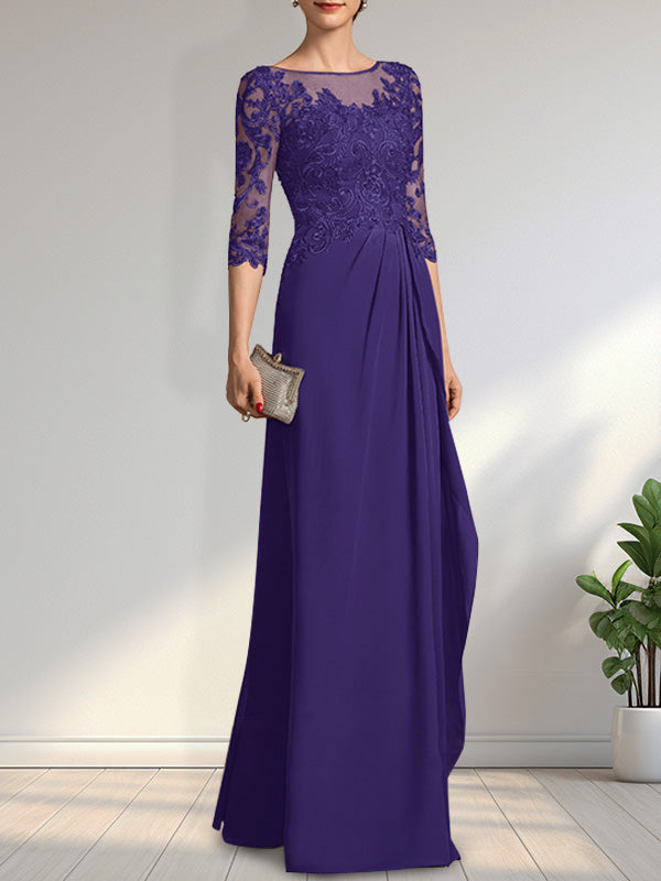 A-Linien-Kleid mit U-Boot-Ausschnitt, Illusion-Effekt, bodenlang, aus Chiffon und Spitze, mit Perlen, Pailletten und kaskadenartigen Rüschen – perfekt für die Mutter der Braut.