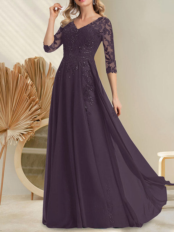 Vestido de gasa con encaje y lentejuelas para madre de la novia, corte A, escote en V y largo hasta el suelo