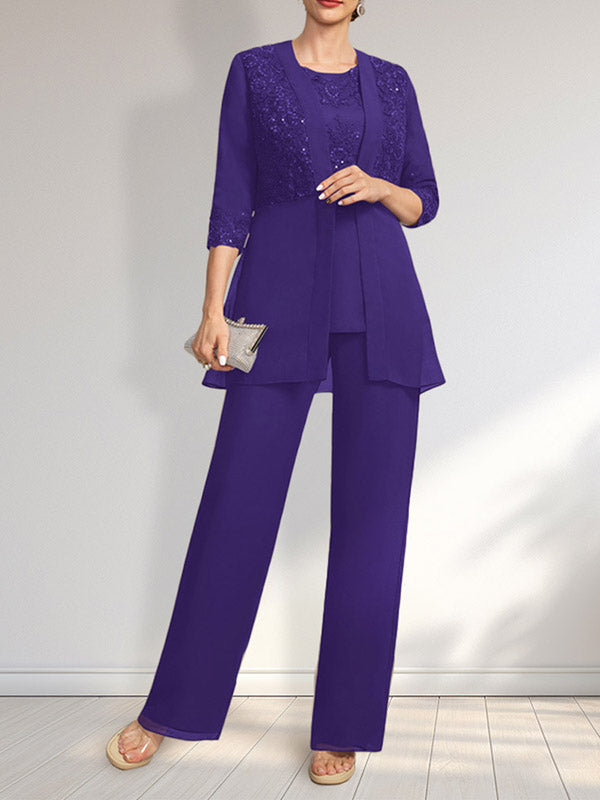 Jumpsuit/Hosenanzug-Set, bodenlanges Chiffon-Spitzenkleid mit Pailletten für die Mutter der Braut mit Rundhalsausschnitt