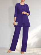 Jumpsuit/Hosenanzug-Set, bodenlanges Chiffon-Spitzenkleid mit Pailletten für die Mutter der Braut mit Rundhalsausschnitt
