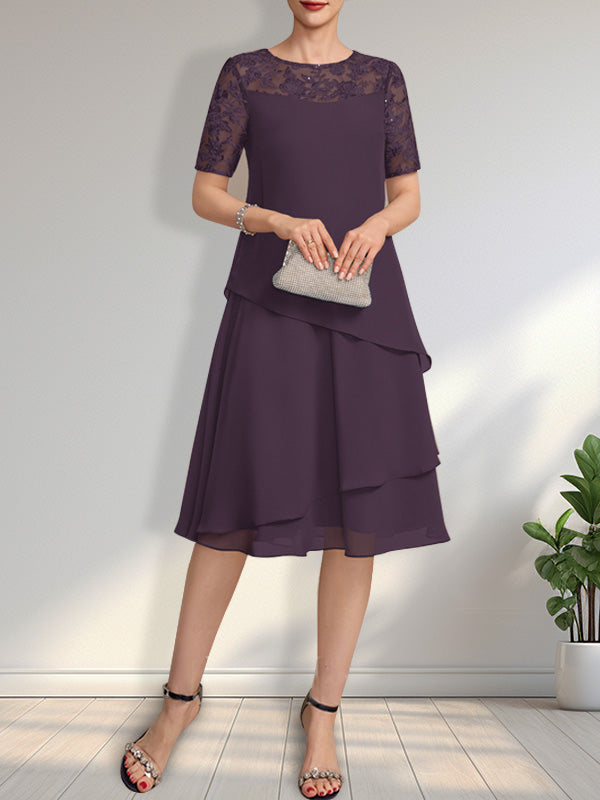 A-Linien-Kleid mit Rundhalsausschnitt, Illusion-Effekt, knielang, aus Spitze und Chiffon mit Pailletten für die Mutter der Braut