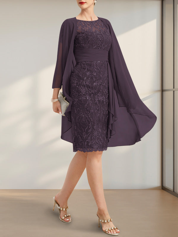 Etuikleid/Säulenkleid mit Illusion-Ausschnitt, knielang, aus Chiffon mit Spitze, Kaskadenrüschen und Pailletten für die Mutter der Braut