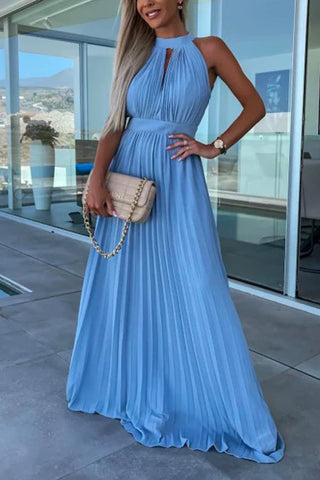 Vestido de fiesta largo plisado con cintura y cuello halter sin mangas de Meridress