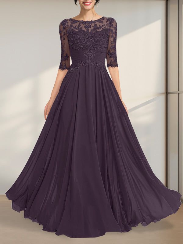 A-Linien-Kleid mit Illusion-Ausschnitt, bodenlang, aus Chiffon und Spitze, mit plissierten Pailletten und V-Ausschnitt für die Mutter der Braut