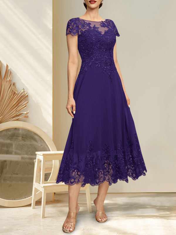 A-Linien-Kleid mit Illusion-Ausschnitt, Rundhalsausschnitt, Teelänge, Spitze und Chiffon, mit Pailletten, für die Mutter der Braut