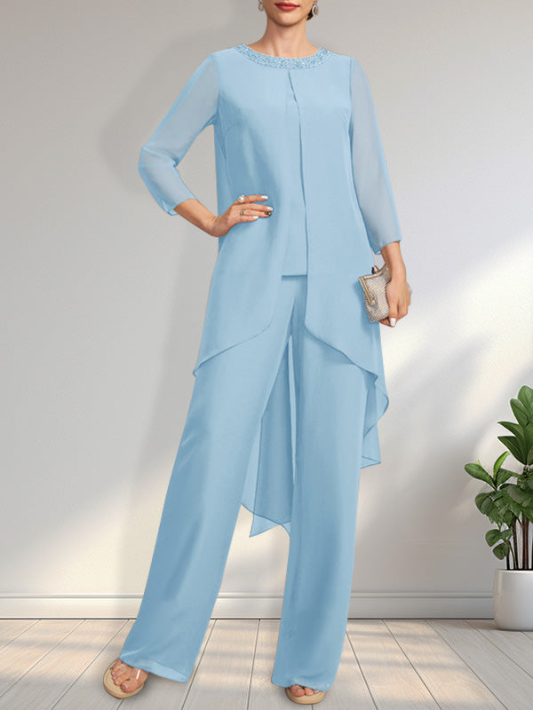 Vestido de gasa para madre de la novia, con escote redondo y largo hasta el suelo, con lentejuelas y abalorios, estilo mono/pantalón.