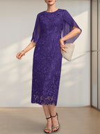 Etuikleid/Säulenkleid mit Rundhalsausschnitt, Teelänge, aus Spitze und Chiffon, ideal für die Mutter der Braut
