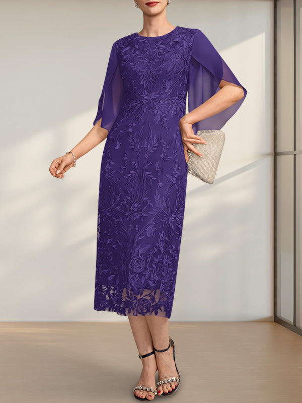 Vestido para madre de la novia de gasa con encaje, corte tubo, escote redondo y largo hasta la rodilla