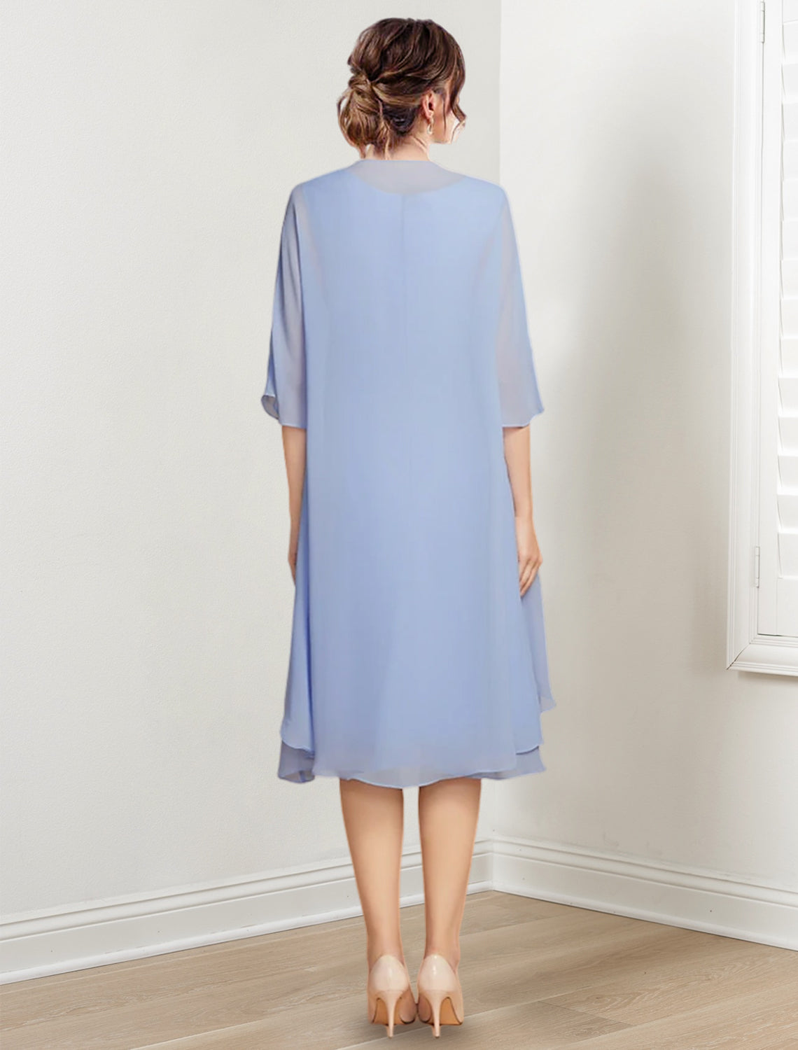 Vestidos de madre de la novia de corte A/princesa con escote redondo y largo hasta la rodilla 