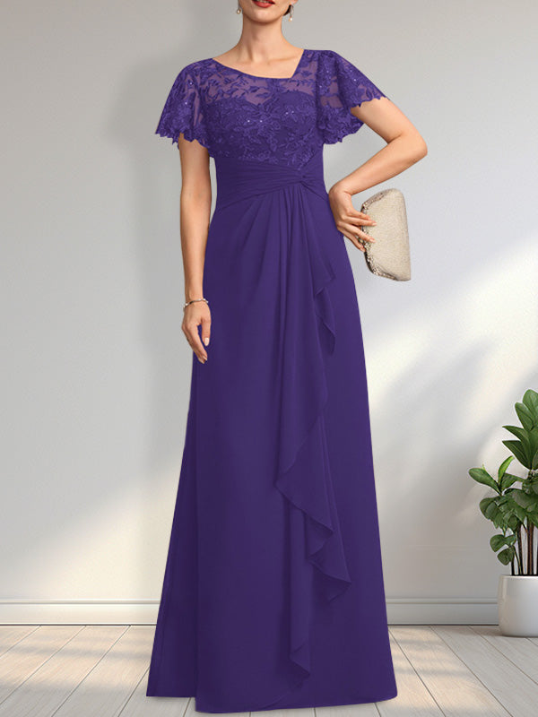 A-Linien-Kleid aus asymmetrischem Chiffon mit Illusion-Effekt, bodenlang, mit Kaskadenrüschen und Pailletten für die Mutter der Braut 