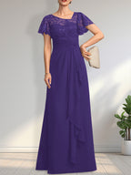 A-Linien-Kleid aus asymmetrischem Chiffon mit Illusion-Effekt, bodenlang, mit Kaskadenrüschen und Pailletten für die Mutter der Braut 