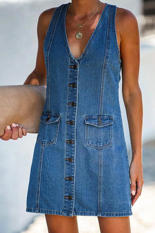 Vestido vaquero Meridress sin mangas con cuello en V, botones y espalda nadadora