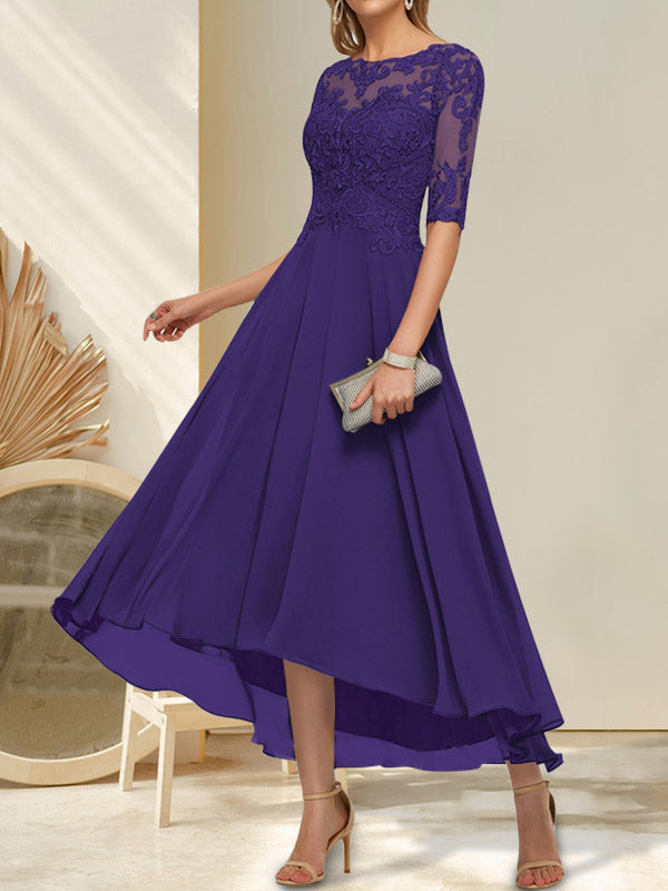 Vestido de madre de la novia de gasa asimétrica con escote barco, ilusión, encaje y lentejuelas con abalorios.