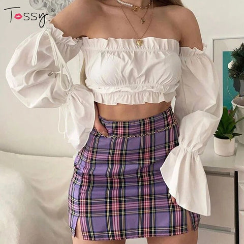 Tossy Off-schulter Rüschen Bandage Camis Frauen Schlank Volle Ärmeln Tank Tops Weiß Chiffon Backless Rüschen Crop Tops 2021 Mode 