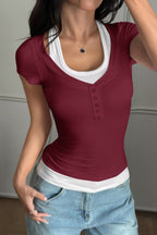 Color Block Fake Two Piece Cami Sleeve T‑shirt
