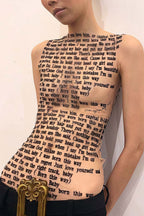 Letter Print Sheer Mesh Sleeveless Crew Neck Slim Blouse