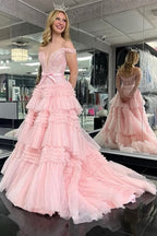 Prinzessinnen-Abendkleid in A-Linie, schulterfrei, elfenbeinfarben, lang, mit Rüschen