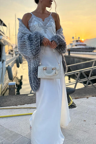 Warme, glänzende Herz-Strickjacke mit Pailletten, Ballonärmeln, Reißverschluss am Hals und lockerem Schnitt 