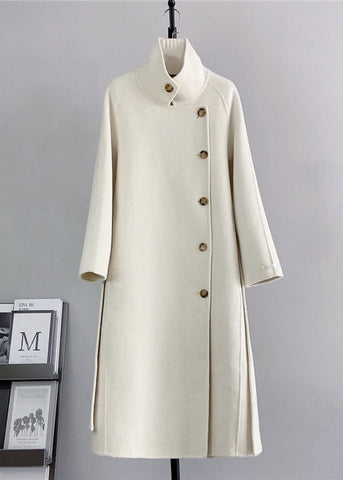 Abrigos de lana blancos de moda con cuello alto y lazo en la cintura para invierno 