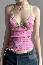 Mesh Floral Contrast V Neck Cami Top