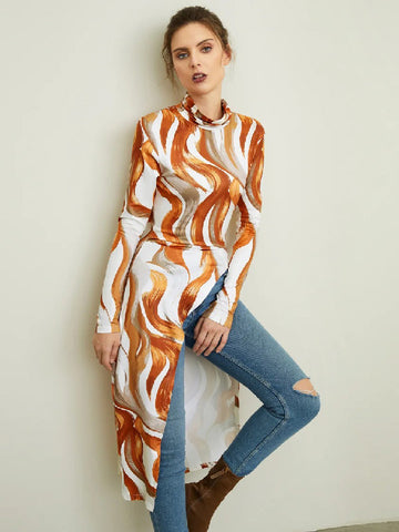 Casual Skinny High-Low Printed High-Neck T-Shirts Tops