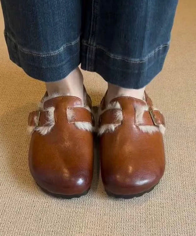 Zapatos planos retro de piel de oveja color caramelo con forro de lana afelpada 