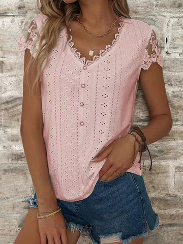 Buttoned Hollow Mesh Split-Joint Loose Short Sleeves V-Neck T-Shirts Tops