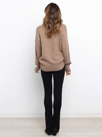 Stylish Long Sleeves Loose Solid Color High-Neck Sweater Tops