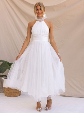 Vestido midi de tul con cuello halter, plisado, cintura imperio, espalda abierta, elegante vestido de fiesta 