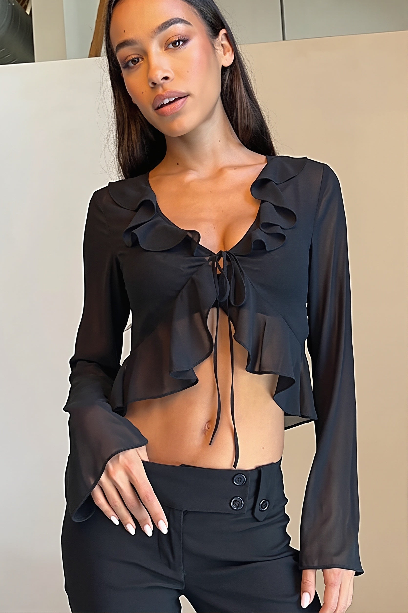 Sheer Flowy Ruffle V Cropped Blouse