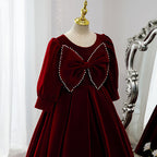 Vestido de niña de las flores para comunión, elegante vestido de princesa de manga larga con lazo de terciopelo rojo 