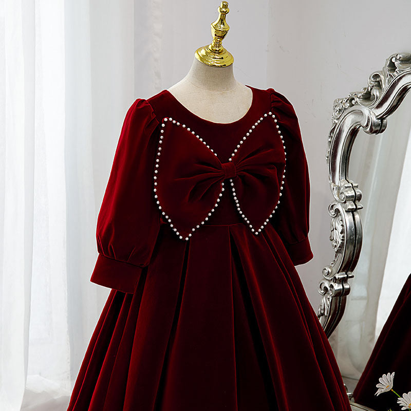 Vestido de niña de las flores para comunión, elegante vestido de princesa de manga larga con lazo de terciopelo rojo 