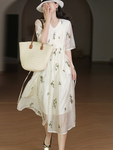 Women Summer Artsy Floral Embroidery Draped Drawstring Dress