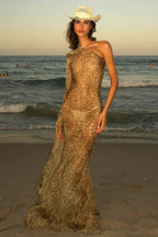 Leopard Print Sexy Spice Girl Slanted Shoulder Maxi Dress