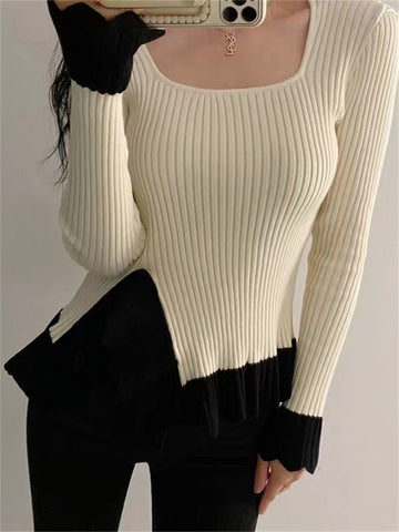 Tossy Ruffled Patchwork Vintage Pullover Sweater For Women Ribbed Contrast Elegant Long Sleeve Loose Knit Female Pullover 2023